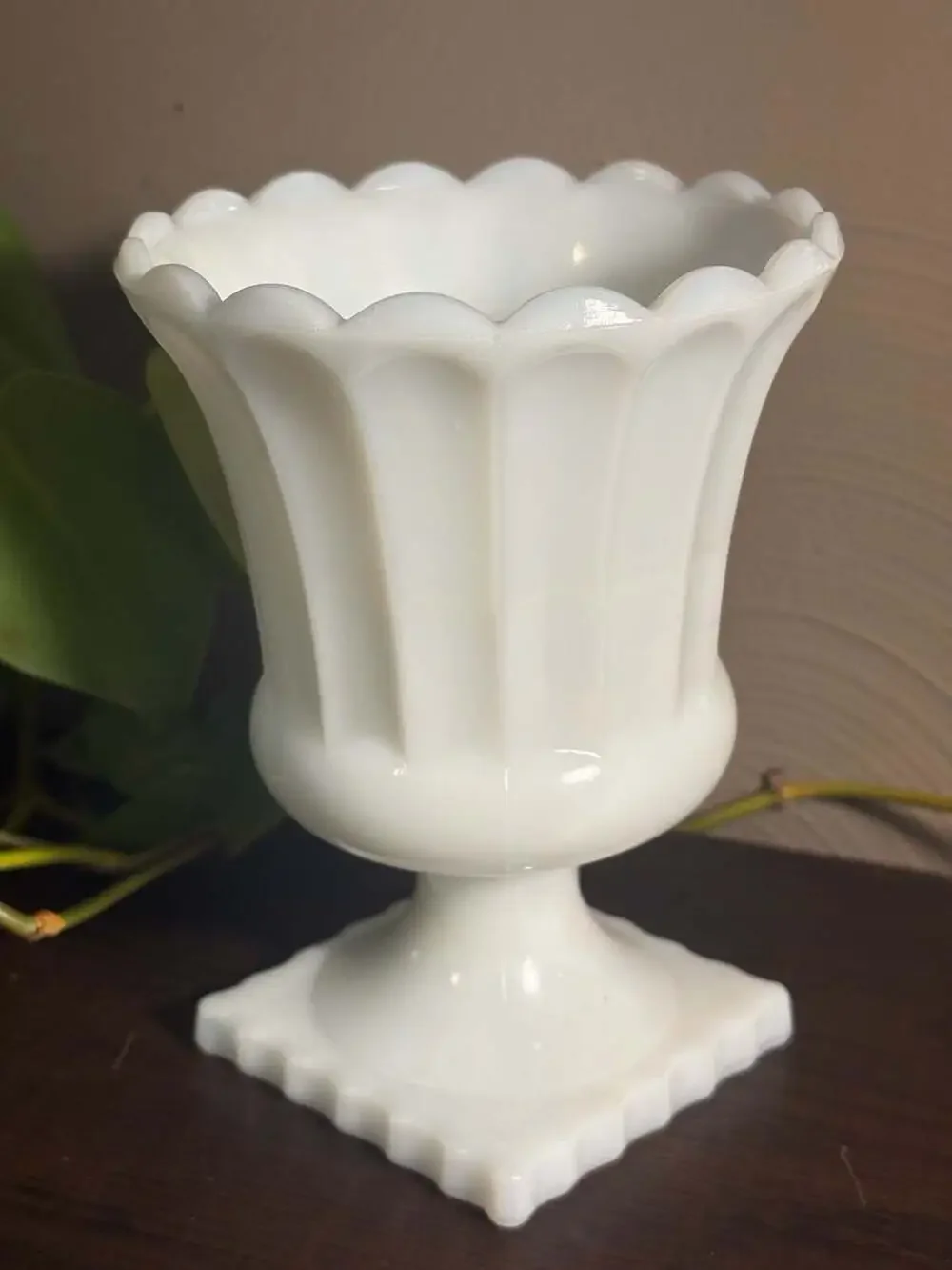 Vintage Milk Glass Scalloped Edge Fluted Pedestal Urn Vase